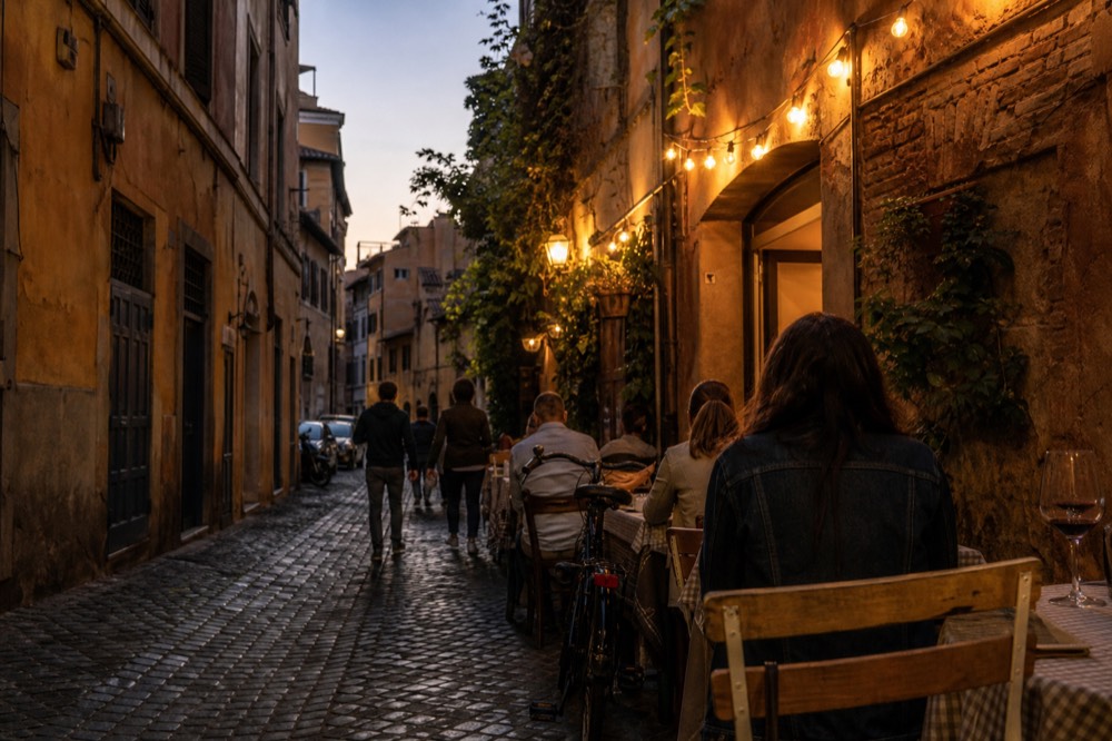 A narrow Roman street at dusk with warm lights over restaurant doorways
