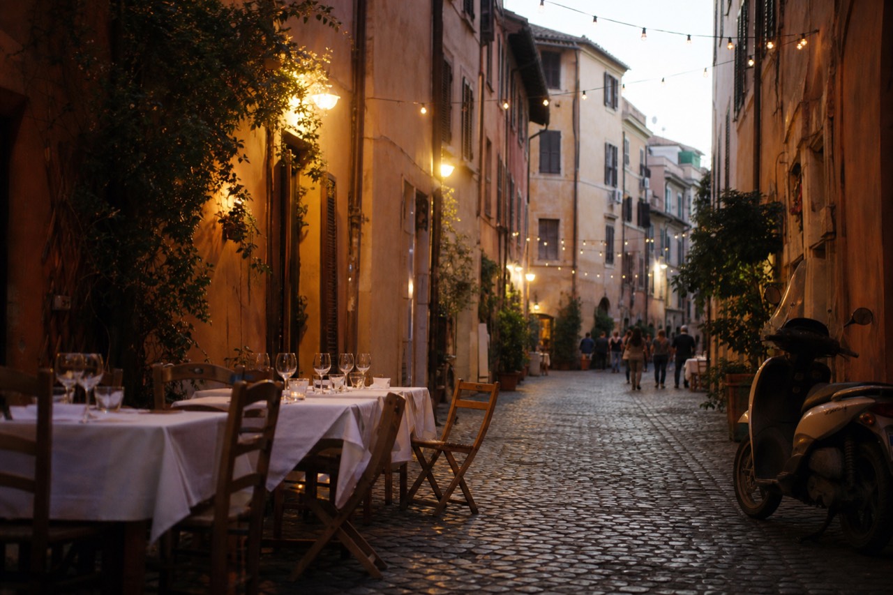 Evening tables set with white cloths and wine glasses along a narrow Rome street
