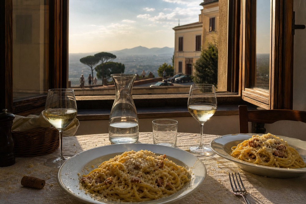 Two plates of spaghetti carbonara and glasses of white wine set on a rustic table in a warm Roman kitchen