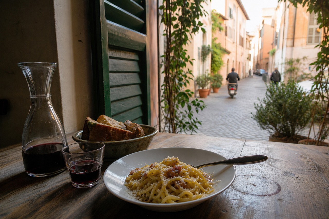 A rustic wooden table in a small Roman osteria set with bread, a carafe of red wine and a plate of pasta