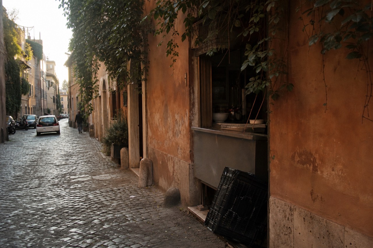 A quiet Rome side street with ivy-covered walls and a small trattoria counter