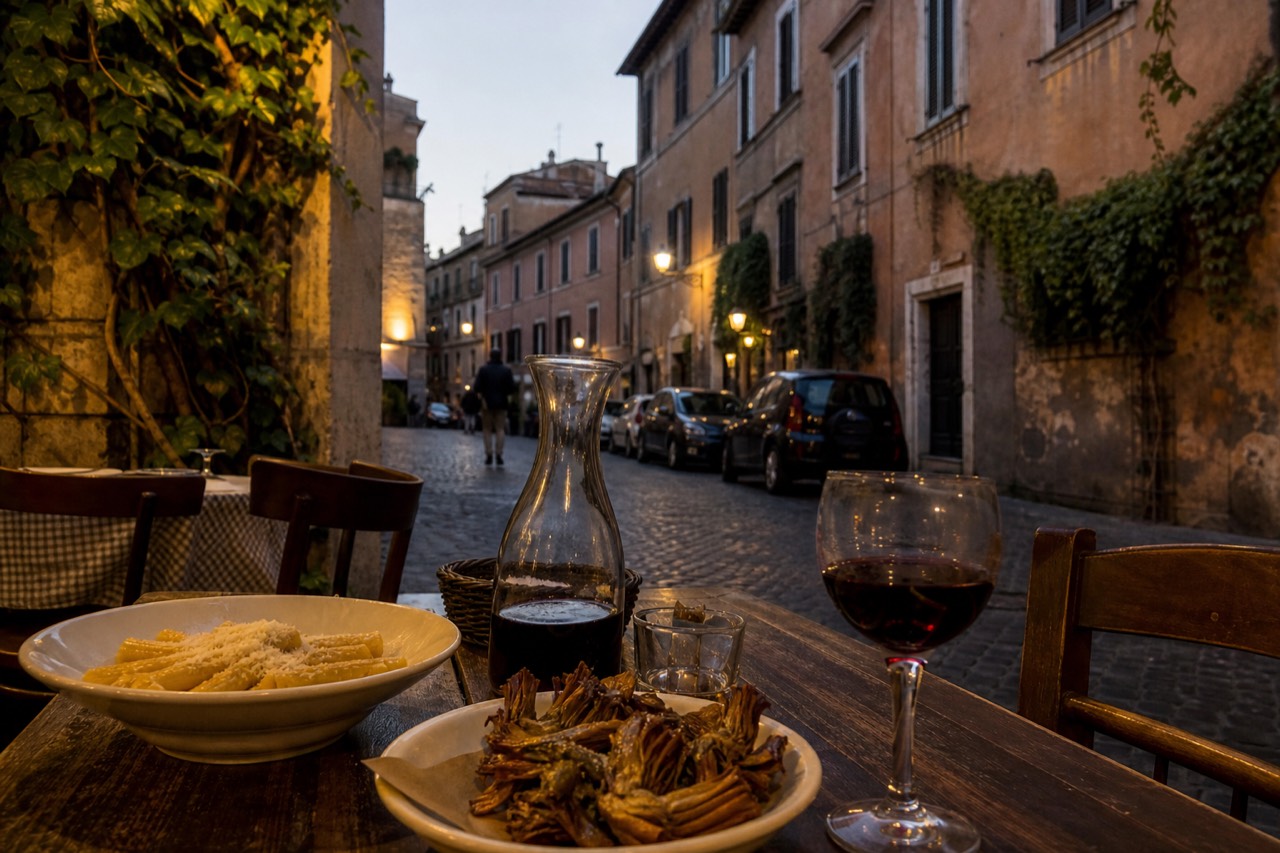 A rustic Roman trattoria table set with pasta, wine and a plate of fried artichokes