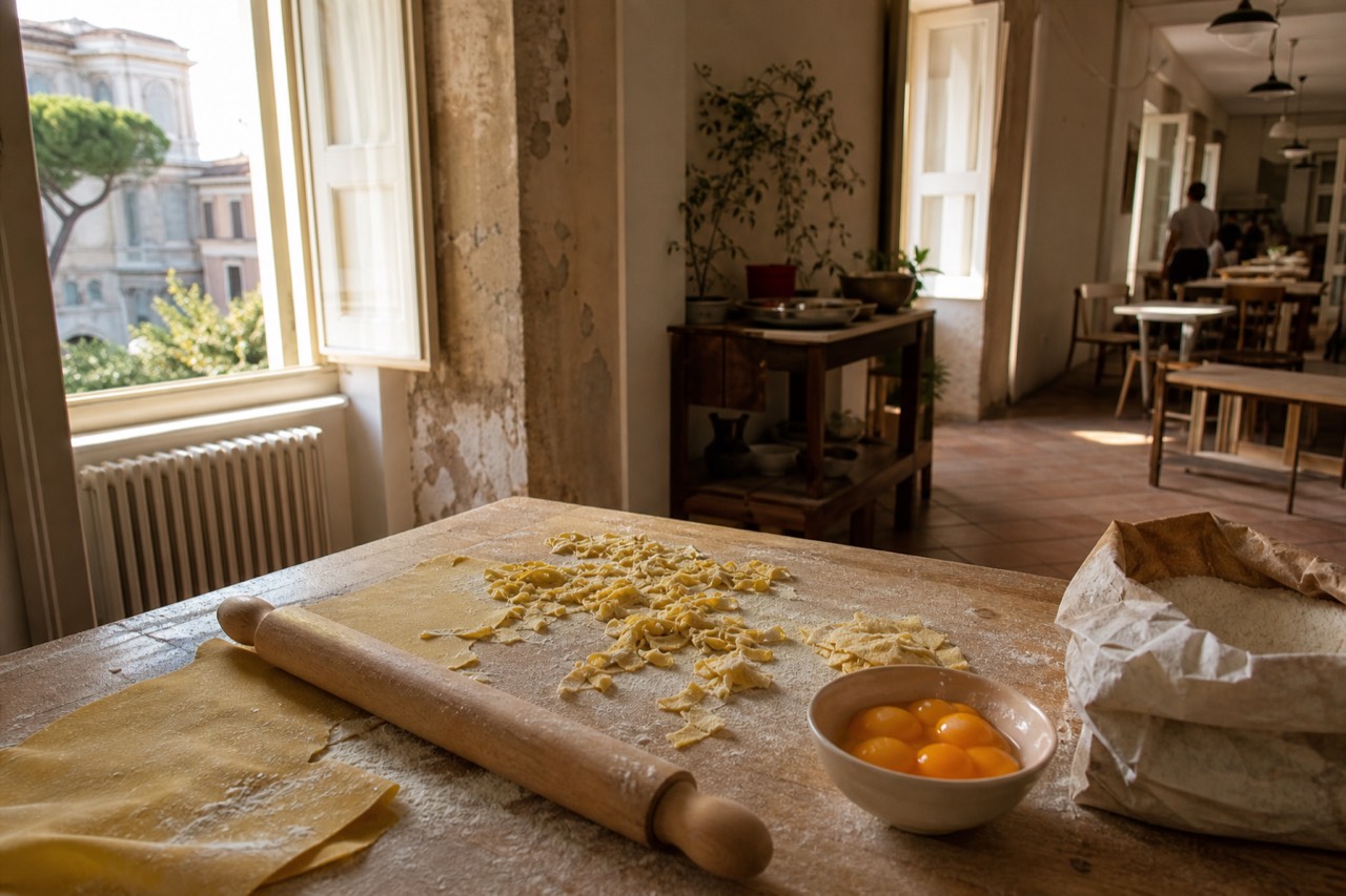 Fresh pasta dough and rolling pin on a wooden table in a Rome cooking school