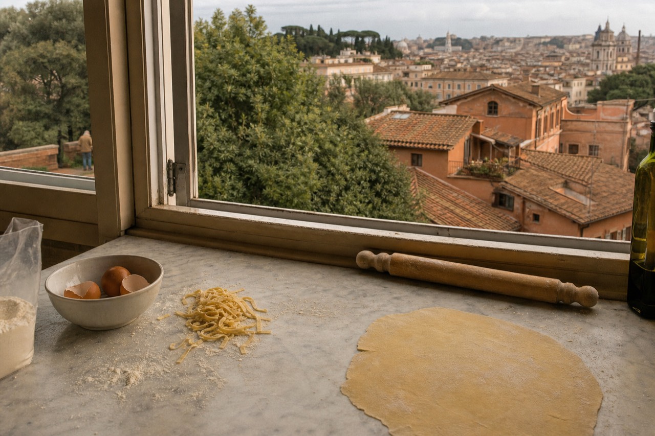 A home kitchen counter in Rome with flour, eggs and a rolling pin set out for a pasta lesson