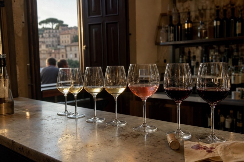 Glasses of red and white Italian wine lined up on a bar counter for a tasting in Rome