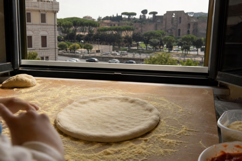 Child hands pressing pizza dough flat on a floured wooden board