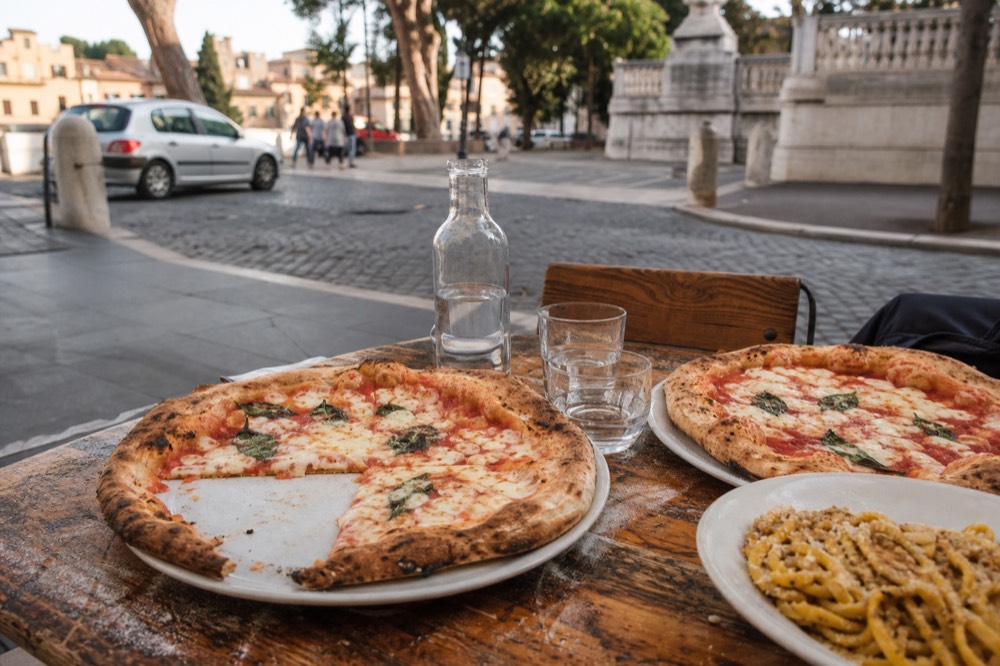 Finished pizzas and a plate of fresh pasta on a rustic table after a cooking class