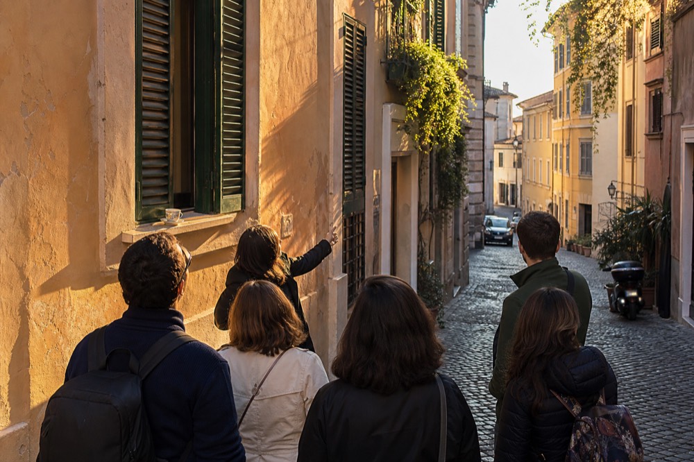 A tour guide talking to a small group on a cobblestone Rome street in the late afternoon