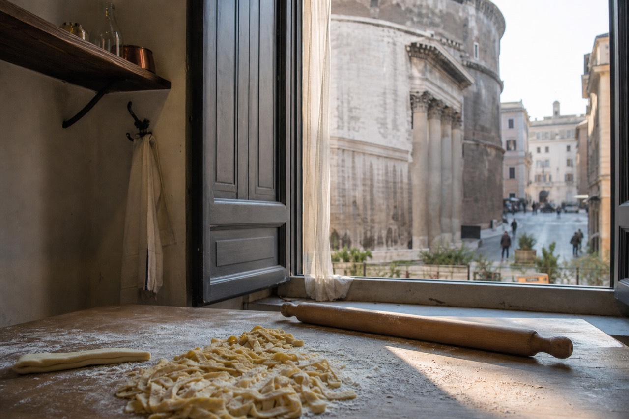 Fresh egg pasta dough and a rolling pin on a wooden workbench in a Roman cooking school
