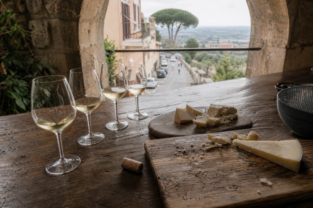 Glasses of white wine lined up on a tasting counter with cheese boards
