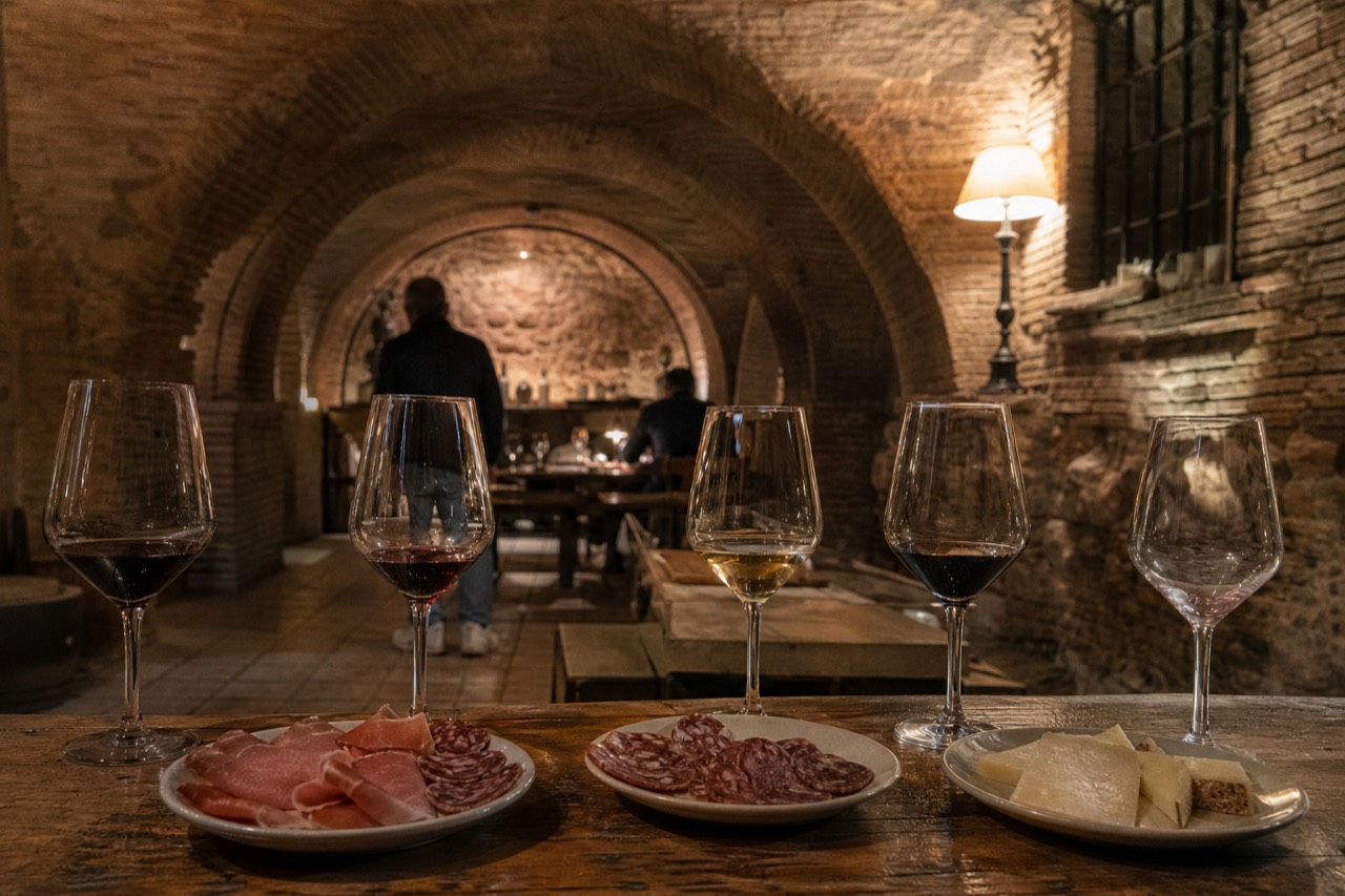 Wine glasses and small plates on a wooden counter in a Roman cellar