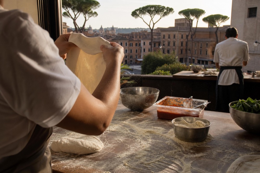 Hands working pizza dough on a floured wooden counter in a Rome cooking school