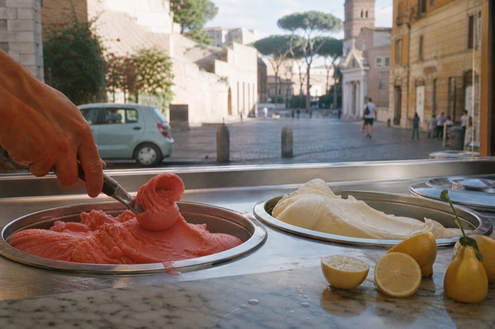 Artisanal gelato counter with fruit flavors in metal tins and a scoop being served