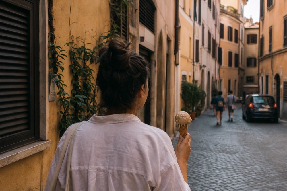 Person holding a gelato cone outside a small Rome gelateria with a hand-written flavor board