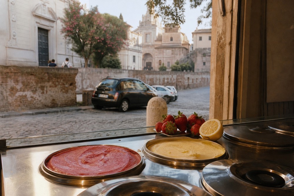 Fruit sorbet gelato in tins with fresh strawberries and lemons on the counter