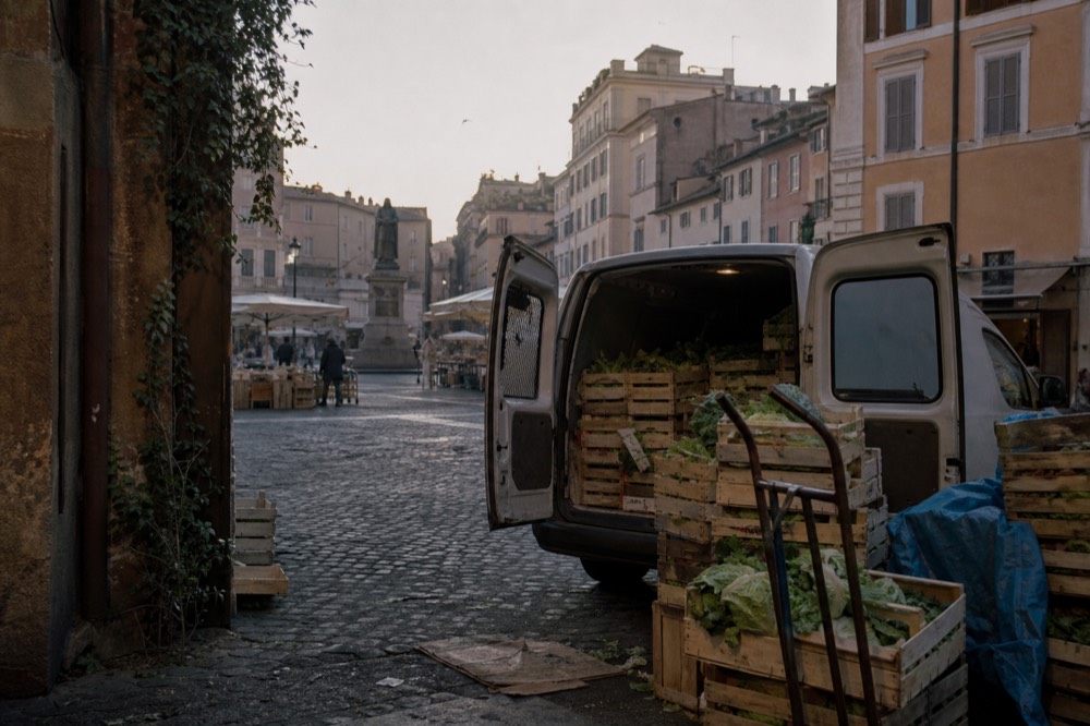 A Roman market street in the early morning with delivery crates being unloaded at a stall