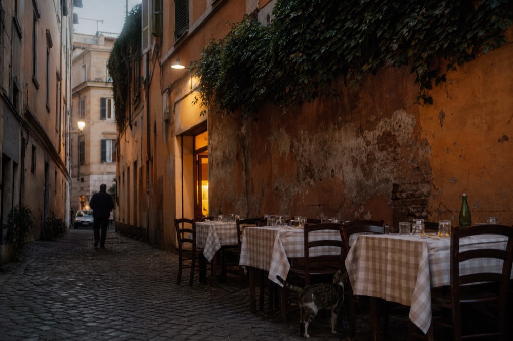 Trastevere lane at dusk with warm shop lights and set tables, no text, no logos, no people
