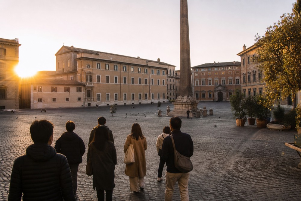 Guide leading a small group across a Trastevere square at sunset, no text, no logos, no people