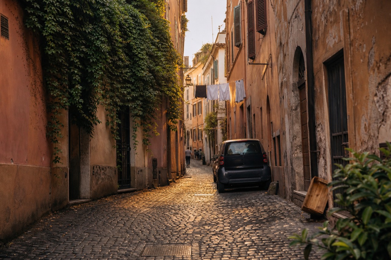 Cobbled lane in Trastevere at golden hour with ivy-covered facades, no text, no logos, no people.