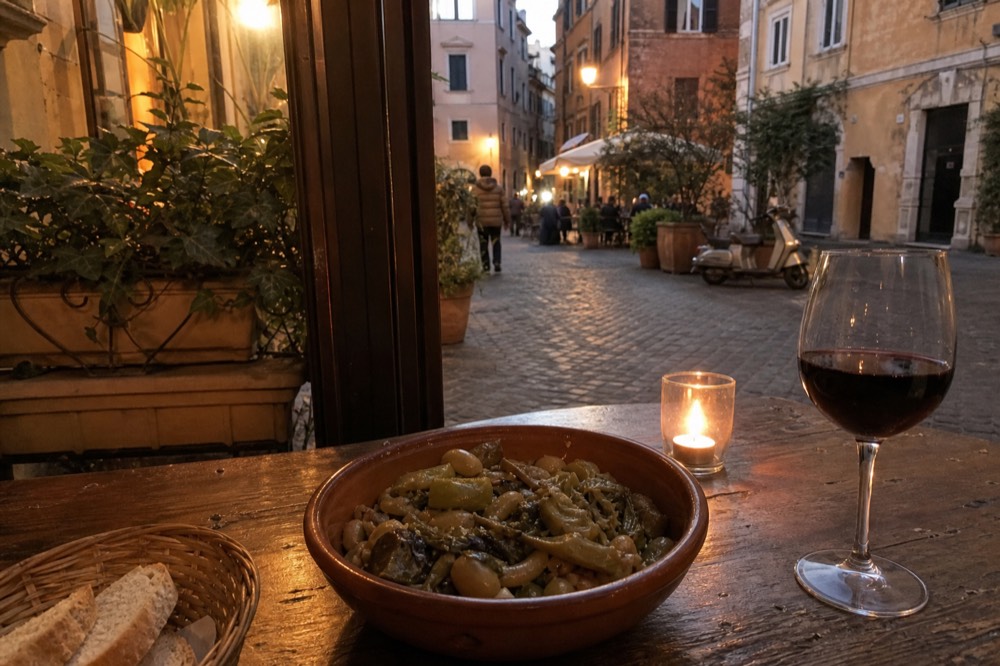 A tray of Roman vegetable dishes and a glass of wine on a trattoria table