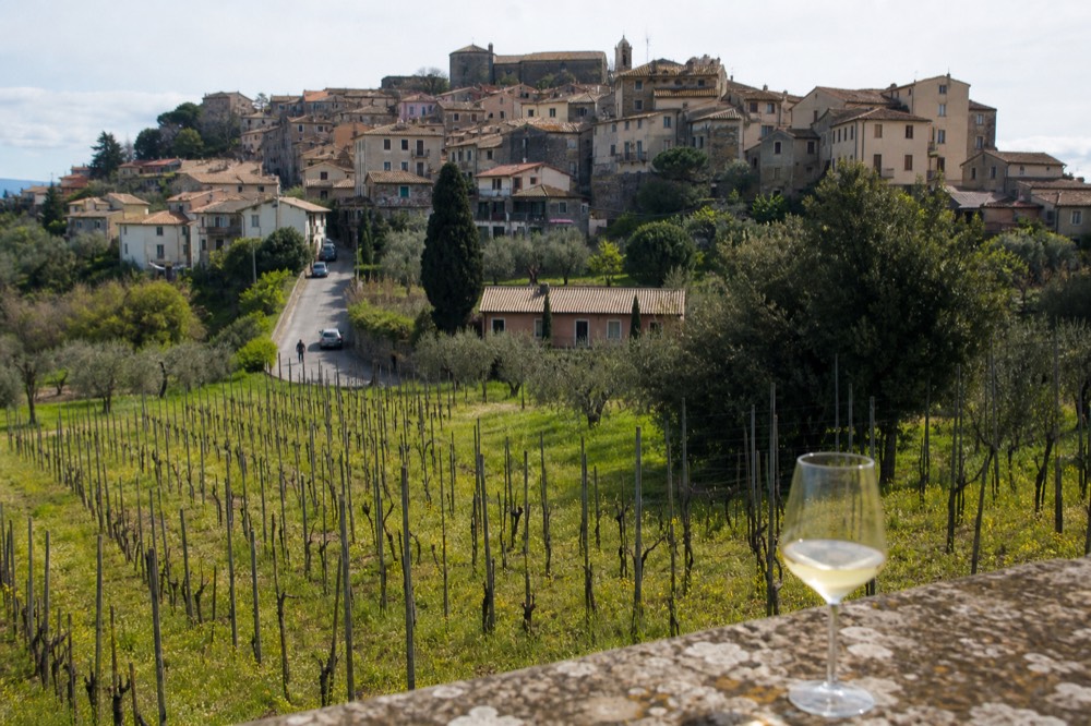 A hillside town with vineyard rows below and a glass of white wine in the foreground